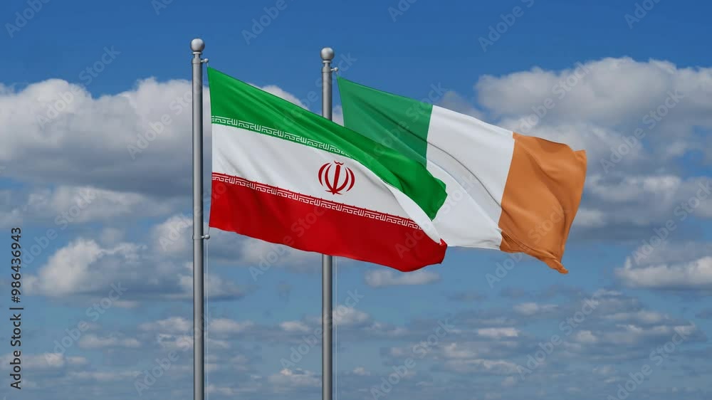 Ireland and Iran flags flying together, video concept of the relationship, two country relations concept Ireland and Iran flags flying together, video concept of the relationship, two country relations concept