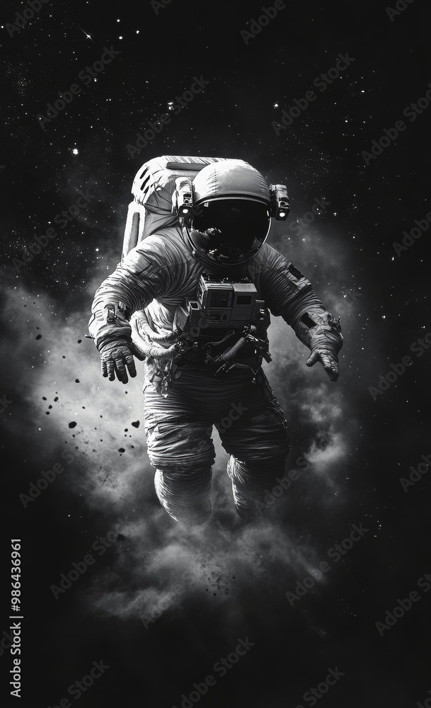 Fototapeta premium Astronaut Floating in Space with High Contrast Cinematic Lighting for Space Exploration Concepts Generative AI