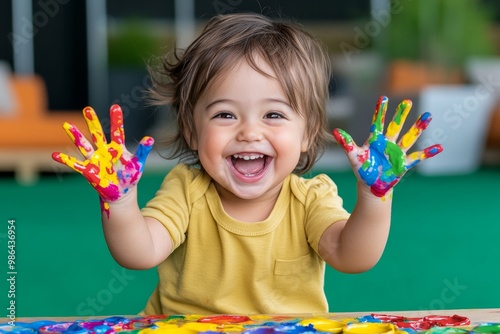 A child finger painting, with colorful paint on their hands and a big smile on their face photo