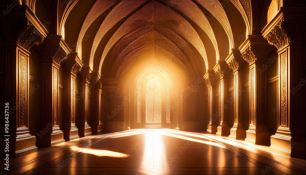 Obraz premium A golden light shines through an ornate archway in a grand, mysterious hall.