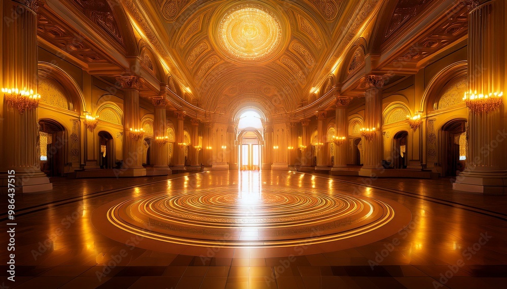 A grand hall with a glowing circular pattern on the floor, bathed in warm light from above. The image suggests a place of power and mystery. A grand hall with a glowing circular pattern on the floor, bathed in warm light from above. The image suggests a place of power and mystery.