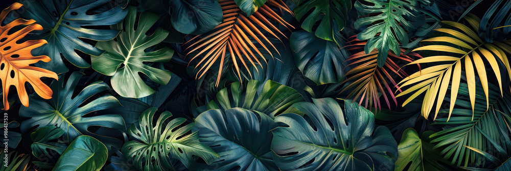 Lush green tropical leaves create vibrant and exotic backdrop, showcasing variety of shapes and colors that evoke sense of tranquility and natural beauty Lush green tropical leaves create vibrant and exotic backdrop, showcasing variety of shapes and colors that evoke sense of tranquility and natural beauty