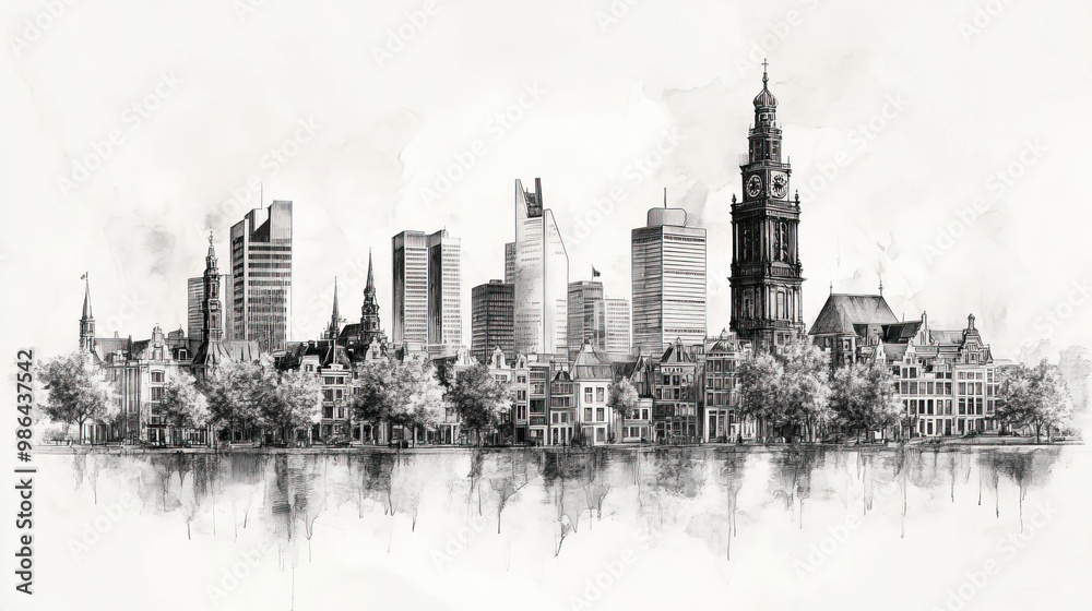 Fototapeta premium The Hague, Netherlands, black and white pen pencil hand-drawn effect drawing illustration for travel poster, card, wallpaper, backdrop or banner. Modern, clear, artistic and simple