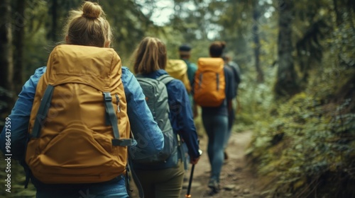 A group of friends hiking through a forest trail, with backpacks and smiles as they enjoy the fresh air and the beauty of nature