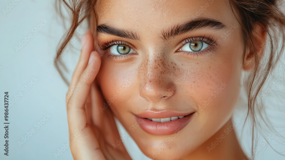 Close-up portrait of a woman with green eyes, freckles, and natural makeup, smiling softly while gently touching her face, exuding confidence and beauty. Close-up portrait of a woman with green eyes, freckles, and natural makeup, smiling softly while gently touching her face, exuding confidence and beauty.