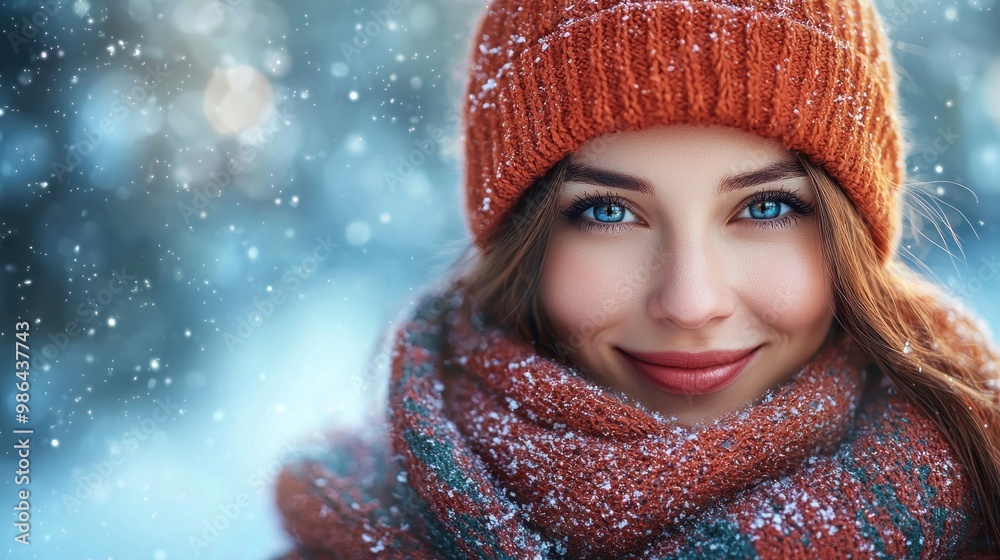 Festive 3D Christmas Woman Portrait in Soft Winter Scene with Copy Space - Cheerful Holiday Expression and Festive Attire Festive 3D Christmas Woman Portrait in Soft Winter Scene with Copy Space - Cheerful Holiday Expression and Festive Attire