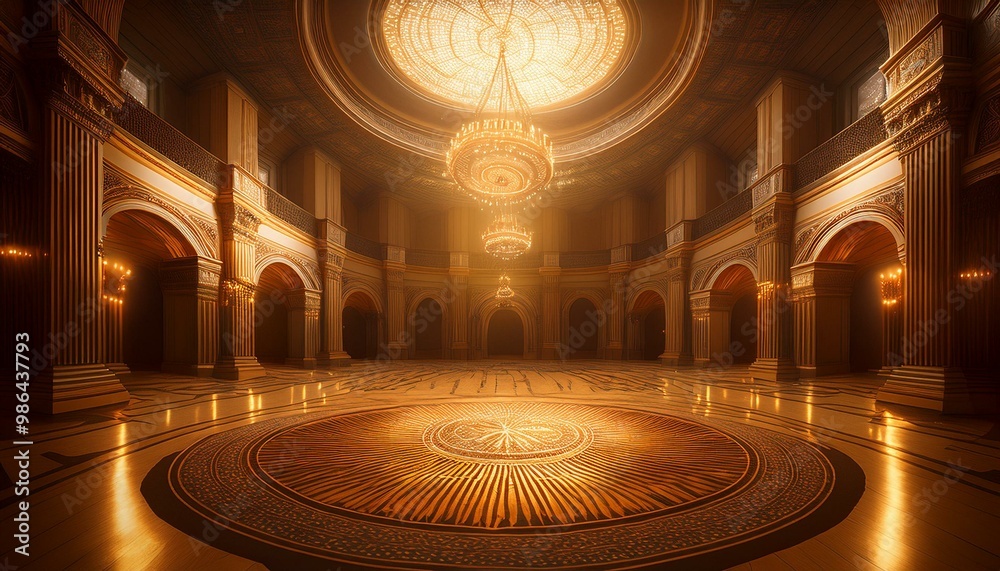 Obraz premium A grand hall with a glowing circular pattern on the floor, bathed in warm light from above. The image suggests a place of power and mystery.