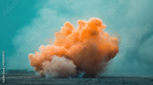 Explosions of orange smoke rise dramatically against a blue-green sky, creating a surreal and captivating visual contrast of colors. photo