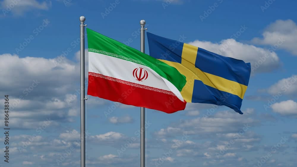 Sweden and Iran flags flying together, video concept of the relationship, two country cooperation concept Sweden and Iran flags flying together, video concept of the relationship, two country cooperation concept