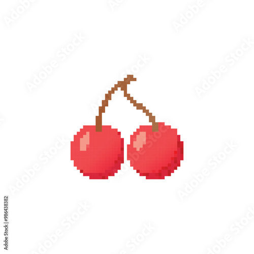 Pixelated cherries with simple design. Two red cherries connected by stems in pixel art style.