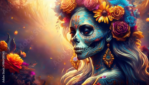 beautiful woman with painted skull on her face for Mexico's Day of the Dead