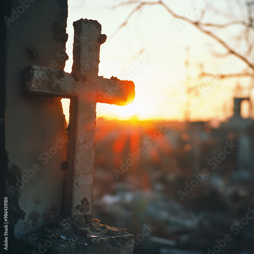 A realistic photograph symbolizing the worldwide persecution of the Church of Christ: Cross at Sunset: The silhouette of the cross against the sunset can symbolize hope and the enduring power of faith