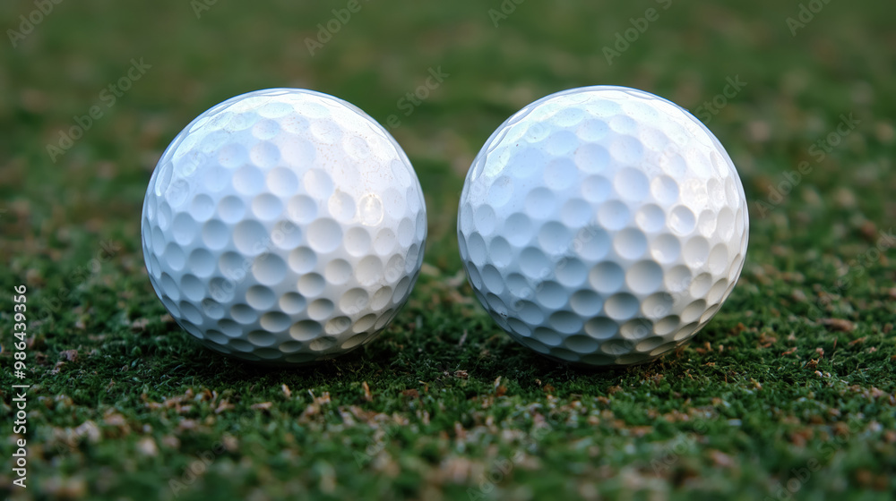 Two white golf balls sitting side by side on a green grassy surface, highlighting their textured dimpled patterns and symmetry. Two white golf balls sitting side by side on a green grassy surface, highlighting their textured dimpled patterns and symmetry.