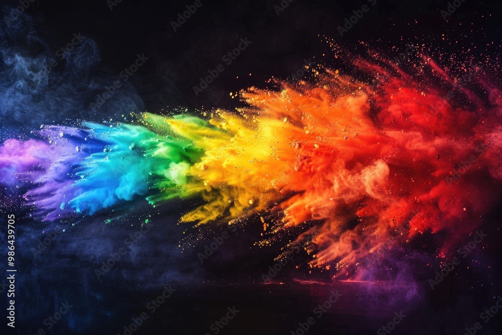 Colorful Holi paint powder explosion on black background.