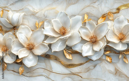 Elegant white orchids bloom against a textured marble background, showcasing their delicate beauty in a serene composition