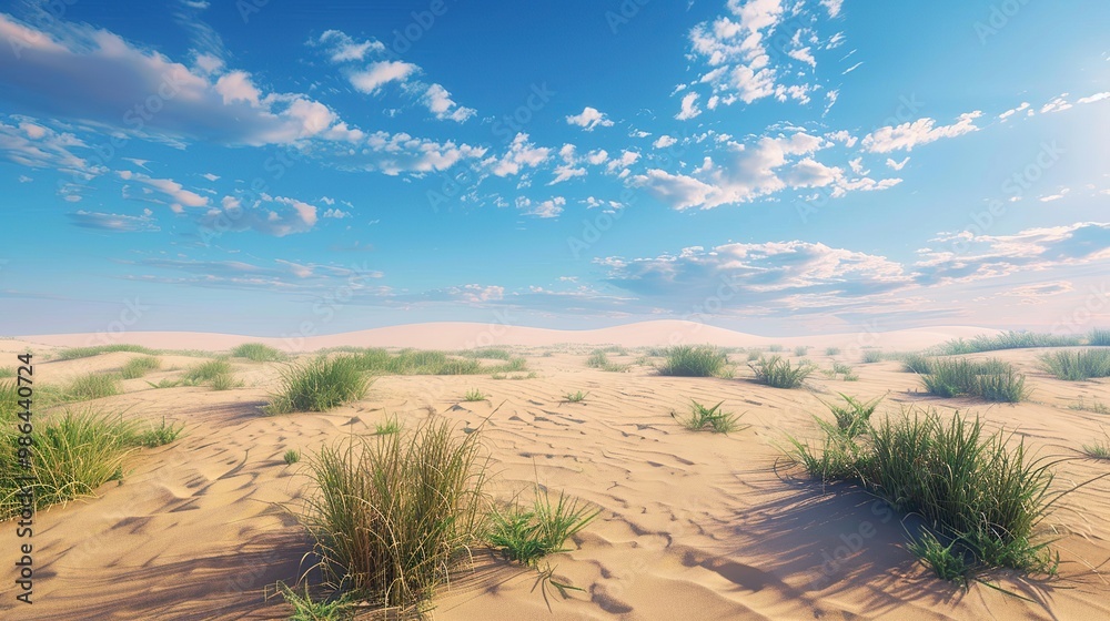 A vast, untouched desert landscape with rolling dunes and a clear blue sky, with occasional patches of hardy vegetation dotting the scene A vast, untouched desert landscape with rolling dunes and a clear blue sky, with occasional patches of hardy vegetation dotting the scene