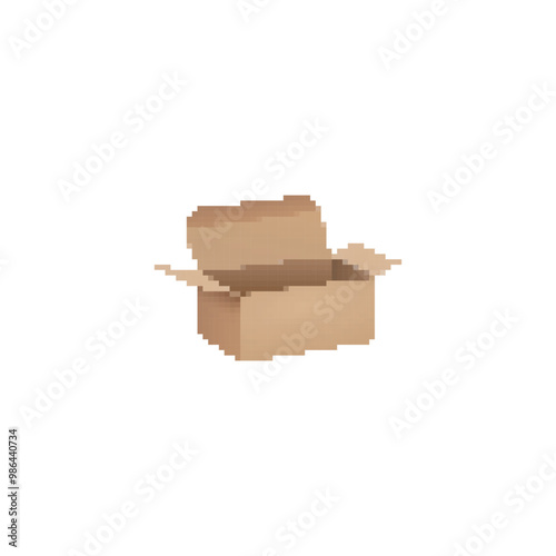 Pixelated open cardboard box illustration. Simple pixel art of a brown cardboard box with an open lid.