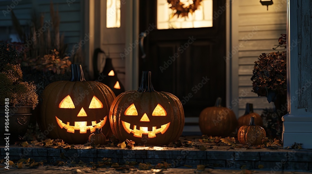 Halloween pumpkins with carved faces on a front porch at night, illuminated by candles Halloween pumpkins with carved faces on a front porch at night, illuminated by candles