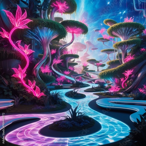 cartoon style Tech Inspired Fantasy Landscapes