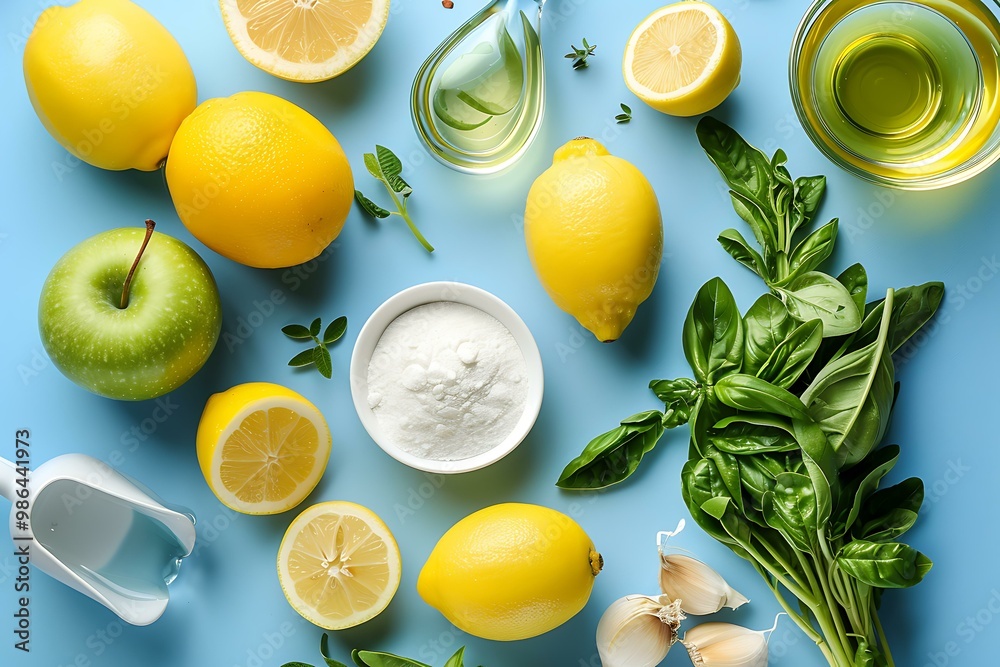 Fresh Lemons, Basil, Garlic, Green Apple and Sugar on Blue Background Fresh Lemons, Basil, Garlic, Green Apple and Sugar on Blue Background
