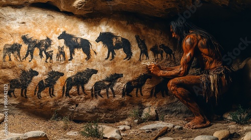 Ancient artist paint on rock in cave.  Caveman art, 