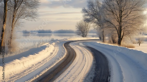 A winding road through a snowy landscape with bare trees on either side and a river in the distance. The road is covered in snow, with tire tracks visible. 