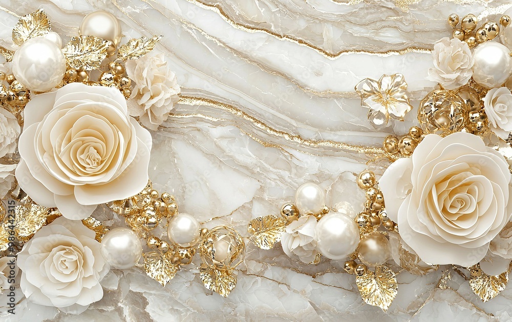 Delicate white flowers and seashells arranged on a marbled stone surface in a tranquil setting Delicate white flowers and seashells arranged on a marbled stone surface in a tranquil setting