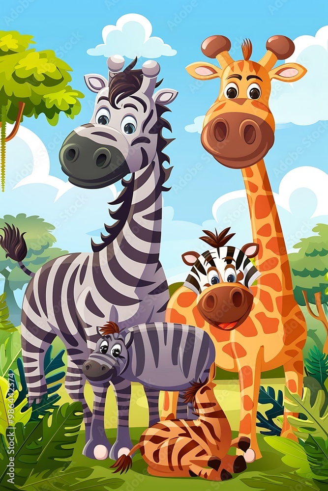 Fototapeta premium Cute Cartoon Zebras and Giraffe In Jungle