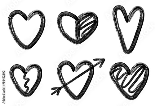 Set of heart tattoo drawing with crayon texture brush