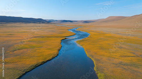 Mongolia landscape with steppe, mountains and river. Panoramic view