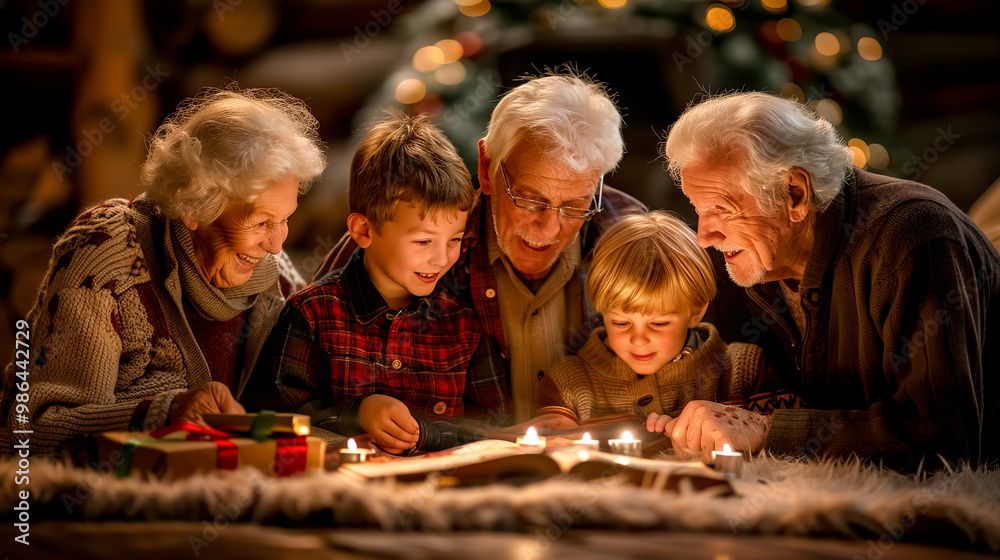 Group of happy grandparents with their grandchildren reading a book in front of a Christmas tree Group of happy grandparents with their grandchildren reading a book in front of a Christmas tree