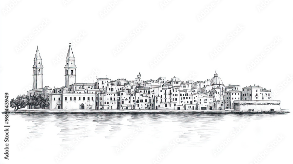 Obraz premium Trani, Italy, black and white pen pencil hand-drawn effect drawing illustration for travel poster, card, wallpaper, backdrop or banner. Modern, clear, artistic and simple