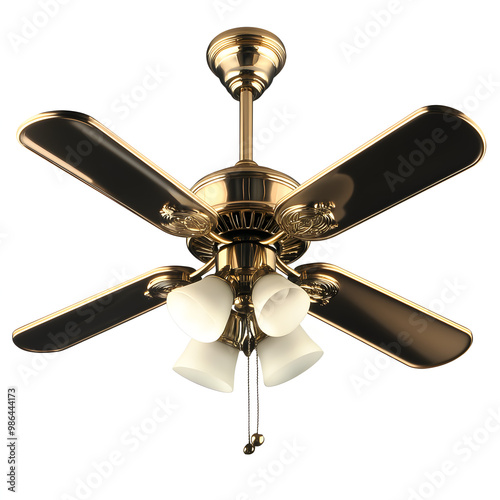 Luxury ceiling fan with lights, gold finish, modern home decoration energy efficient, elegant ceiling fan, five-blade fan with light, isolated on white photo