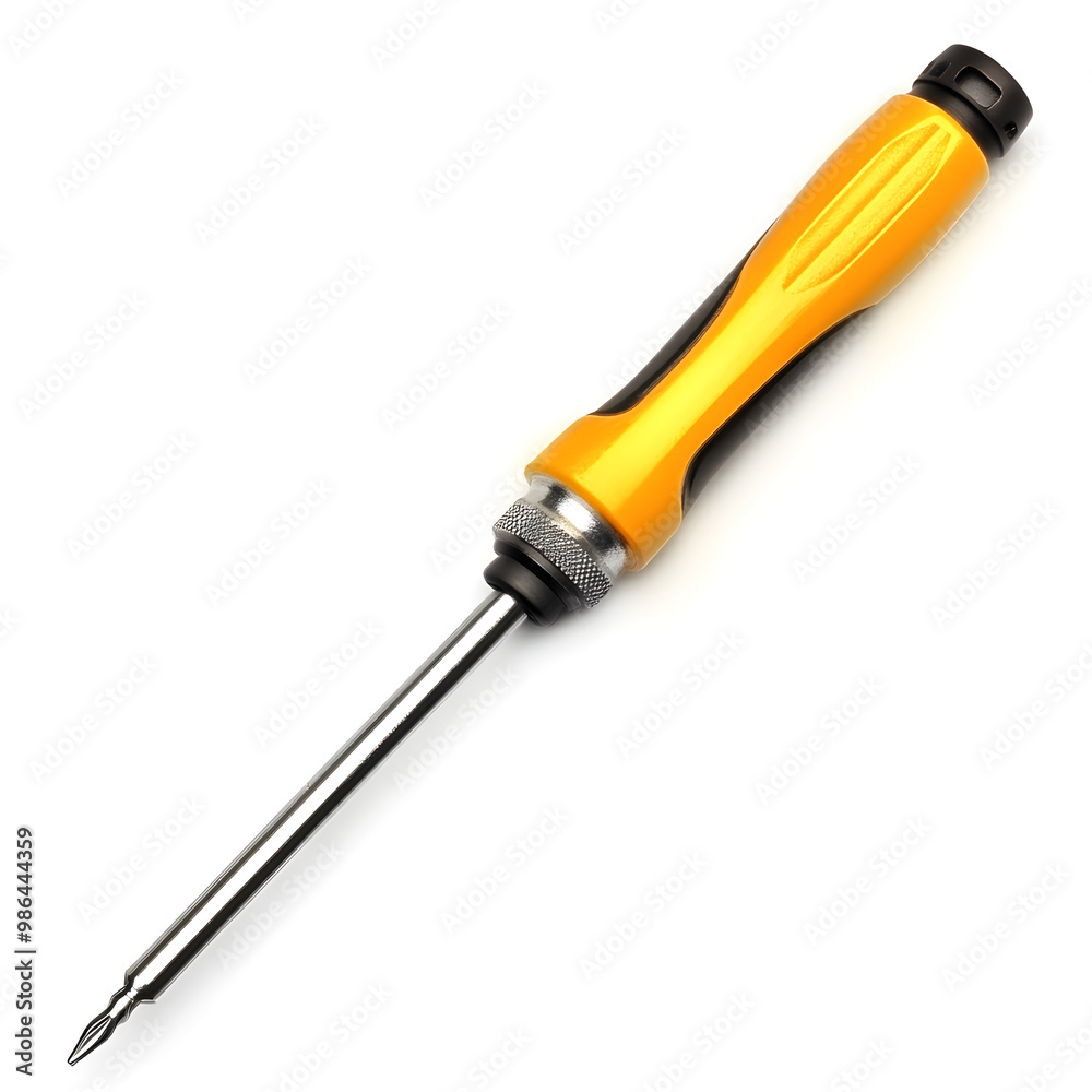 Yellow precision screwdriver isolated on white background, essential tool for electronics repair, versatile hand tool with magnetic tip, ergonomic grip, durable and reliable for DIY projects

