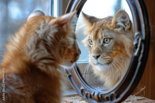 A cat is looking at its reflection in a mirror