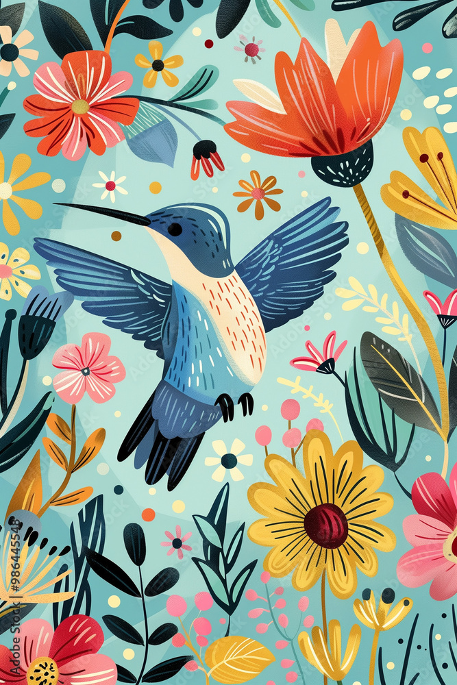 Naklejka premium Vibrant hummingbird flying among colorful flowers and plants