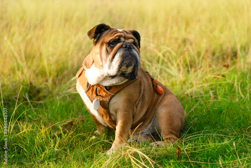 Charming Bulldog Relaxing Peacefully in Sunlit Meadow Surrounded by Vibrant Green Grass Charming Bulldog Relaxing Peacefully in Sunlit Meadow Surrounded by Vibrant Green Grass