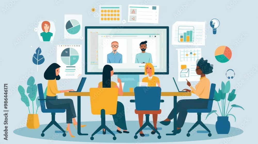 A digital illustration of a diverse team engaged in a video conference, surrounded by charts and data visualizations. A digital illustration of a diverse team engaged in a video conference, surrounded by charts and data visualizations.