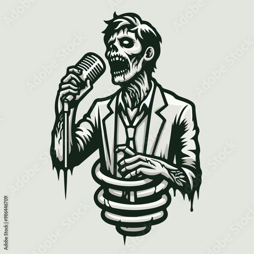 zombie Skull with microphone and grease hair in rockabilly style. Dead rock and roll singer. Vector illustration.