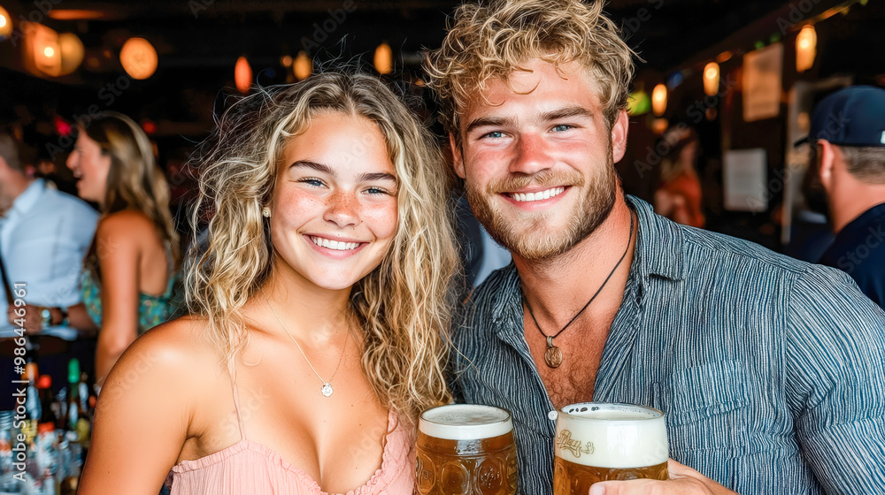 Oktoberfest Celebration Smiling Couple Enjoying Traditional Bavarian Beer at the Famous Munich Wiesn Embracing the Joy of German Culture and Festive Atmosphere Oktoberfest Celebration Smiling Couple Enjoying Traditional Bavarian Beer at the Famous Munich Wiesn Embracing the Joy of German Culture and Festive Atmosphere