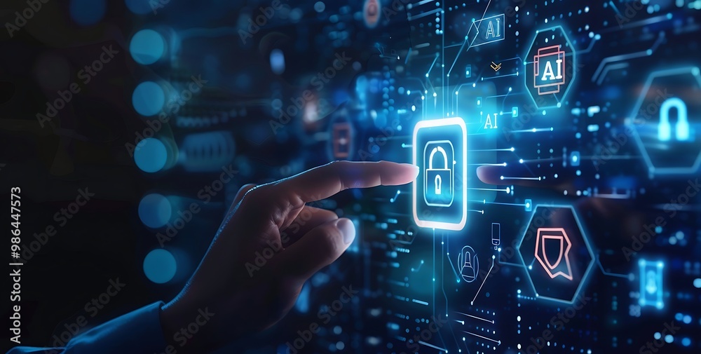 Cyber security and information protection concept with glowing icons on dark background Cyber security and information protection concept with glowing icons on dark background