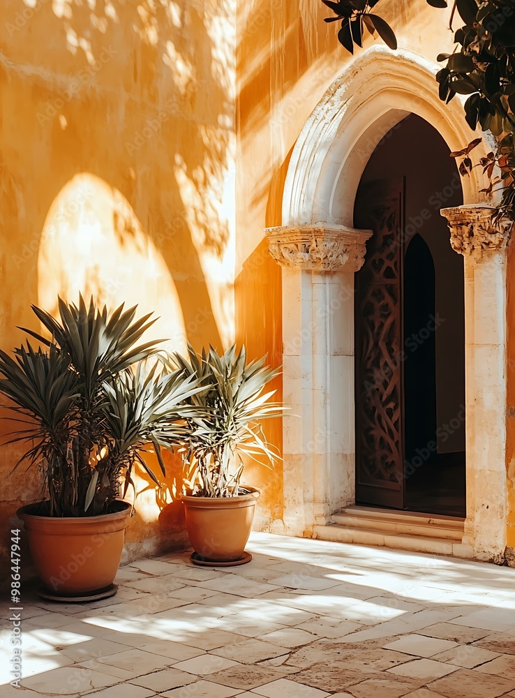 Fototapeta premium Ornate Doorway Entrance with Plants in Sunlight