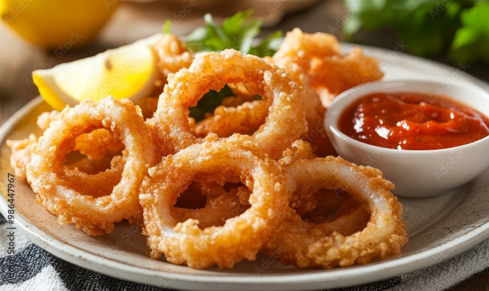 Crispy fried onion rings with sauce on plate. Crispy fried onion rings with sauce on plate.