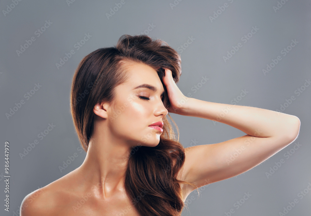 Shine, hairstyle and profile of woman in studio for glow, beauty and hair gloss treatment. Scalp health, salon and growth with person on gray background for haircare cosmetics, volume or keratin Shine, hairstyle and profile of woman in studio for glow, beauty and hair gloss treatment. Scalp health, salon and growth with person on gray background for haircare cosmetics, volume or keratin
