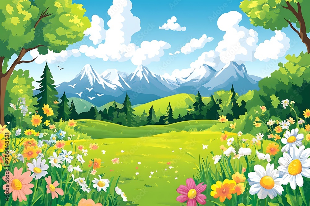 Fototapeta premium Beautiful Spring Meadow Landscape with Snowy Mountains