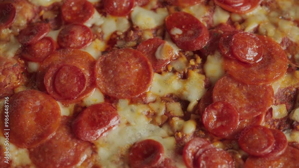 Cooked pepperoni pizza background rotating macro video. Italian cuisine concept Cooked pepperoni pizza background rotating macro video. Italian cuisine concept