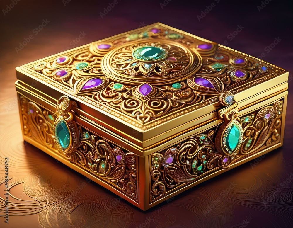 A ornate golden box with intricate designs and gemstones. The box is closed and sits on a textured surface. A ornate golden box with intricate designs and gemstones. The box is closed and sits on a textured surface.