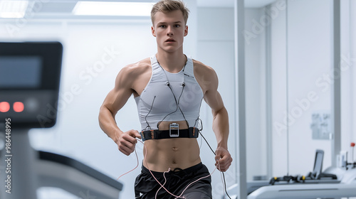 Athlete running on treadmill during a medical fitness test with biometric sensors for performance and health tracking in a modern white medical lab
