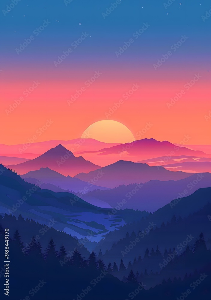 Purple and Orange Sunset Over Mountain Range Purple and Orange Sunset Over Mountain Range