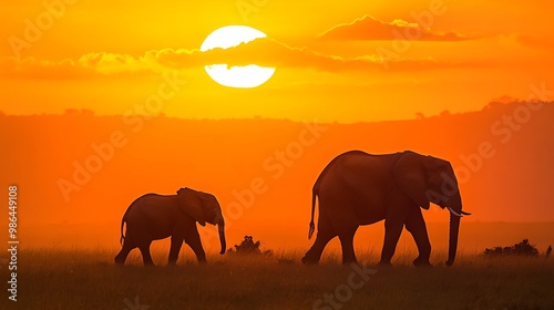 Two elephants walk in silhouette against an orange sunset with a large, bright sun in the sky.